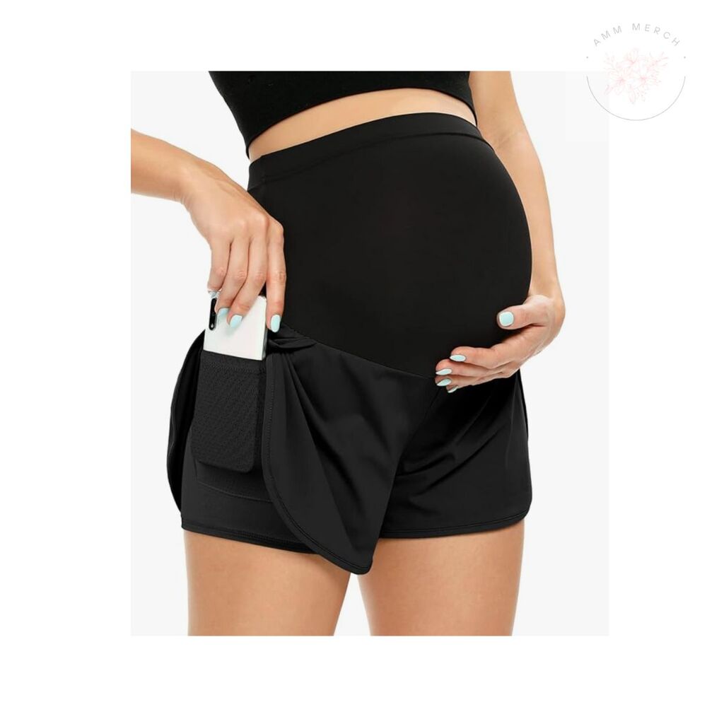 POSHGLAM Women‘s Maternity Shorts Over Belly Workout Summer Pregnancy Sz L NWT